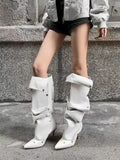 Runway Boots for Women Slim High Heels Pleated Metal Buckle Long Four Season MartLion PU white 34 