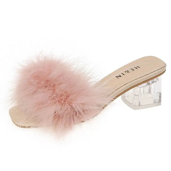 Mules Sandal Women Summer Outdoor Slippers Square Toe High Heels Office Ladies Feather Slides Chic Classics Furry Shoes MartLion Pink 35 