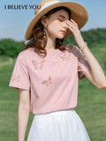 Summer Cool Tech Embroidery Soft T-shirts Gentle Slim Oneck Short Sleeve Cotton Woman Clothes Mart Lion   