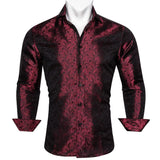 Silk Shirts Men's Red Burgundy Paisley Flower Long Sleeve Slim Fit Blouse Casual Lapel Clothes Tops Streetwear Barry Wang MartLion 0661 S 