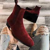 Chelsea Boots for Men's Wine Red Black Faux Suede Low-heeled Handmade MartLion   