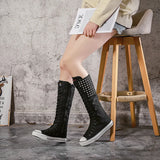  Dance Shoes Long Boots Rivet Super High Top Lace Up Side Zipper Flat Bottomed Student Canvas Women's MartLion - Mart Lion