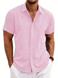 men's short-sleeved shirt summer solid color lapel hidden buckle casual beach fashion high street top MartLion pink. L 