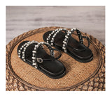 Pearl Rhinestones Flat Sandals Diamonds Flat Shoes Black Beige Crystals Beach Platform Mujer Bing Bling Mart Lion   