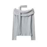 Women's Long Sleeves Skinny Pleated Split-Joint Striped Off-The-Shoulder MartLion GRAY S 