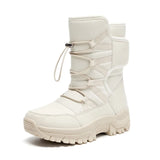 Unisex Snow Boots Warm Push Mid-Calf Waterproof Non-slip Winter Thick Leather Platform Warm Shoes MartLion beige 6.5 