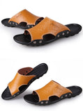 Men's Slippers Summer Genuine Leather Casual Slides Street Beach Shoes Black Cow Leather Sandals Mart Lion   