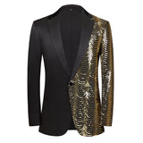 Men's Luxury Wave Striped Gold Sequin Blazer Jacket Shawl Lapel One Button Shiny Wedding Party Suit Dinner Tuxedo Mart Lion Pattern 6 US XS 