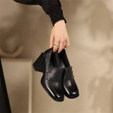 Genuine Leather Spring Women Shoes Square Toe Chunky Heel High Heel Pumps Black MartLion   