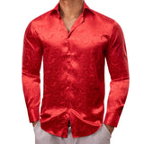 Silk Shirts Men's Red Burgundy Paisley Flower Long Sleeve Slim Fit Blouse Casual Lapel Clothes Tops Streetwear Barry Wang MartLion   