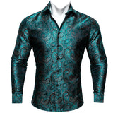 Barry Wang Exquisite Blue Silk Paisley Men's Shirt Four Seasons Lapel Long Sleeve Embroidered Leisure Fit Party Wedding MartLion CY-0420 S China