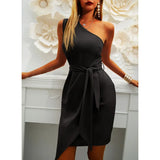 Diagonal Shoulder Dress Female Clothing Solid Sleeveless Frock Irregular Hem Tight Dress Office Lady Party Formal Attire MartLion   