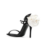 Women's Round Toe Slender High Heel Silk Rose Heel Strap Large Slotted Sandals Occidental Show Banquet Shoes MartLion W282-Black white 44 