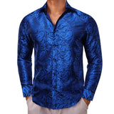 Designer Shirts Men's Silk Long Sleeve Light Purple Silver Paisley Slim Fit Blouses Casual Tops Breathable Barry Wang MartLion 0415 S 