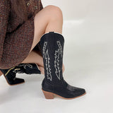 Women Boots Low Heel Shoes Cool British Embroidered Design Soft Short Party Knee High Pink Cowboy Mart Lion   