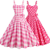 Women's Summer Dress Retro Pink Plaid Gown Christmas Party Clothes Robe Waisted Dress MartLion   