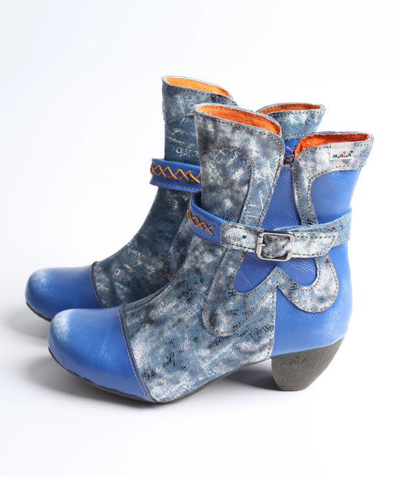 Autumn Women's Leather Printing Short Boots With Belt Buckle MartLion Blue 36 