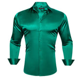 Designer Shirts Men's Silk Satin Dark Green Teal Solid Long Sleeve Button Down Collar Blouses Slim Fit Tops Barry Wang MartLion 0533 S 