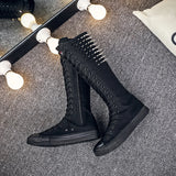  Autumn Punk Style Rivet Shoes Versatile Dance Lace Up Side Zipper Super High Top Casual Shoes Long Boots for Women MartLion - Mart Lion
