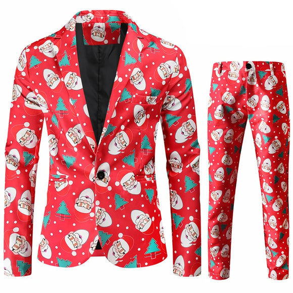 Red Printed Two-piece Men's Christmas Suit (Jacket Pants) Stylish Blazer Coat with Trousers Black Green Blue MartLion   