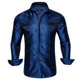 Silk Navy Blue Men's Shirts Long Sleeve Single Breasted Windsor Collar Casual Blouse Outerwear Wedding MartLion CY-1020 S 