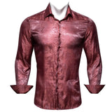 Silk Shirts Men's Red Burgundy Paisley Flower Long Sleeve Slim Fit Blouse Casual Lapel Clothes Tops Streetwear Barry Wang MartLion 0090 S 