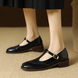 Spring Genuine Leather Women Pumps Shoes Round Toe Chunky Heel Retro Mary Janes Block Leather Shoes Shallow MartLion   