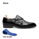 Luxury Men's Wedding Formal Shoes Genuine Leather Pure Brown Black Double Buckle Monk Strap Cap Toe Office Dress MartLion Black EUR 38 