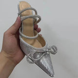 Runway style Glitter Rhinestones Women Pumps Crystal bowknot Satin Summer Lady Shoes Genuine leather High heels Party Prom MartLion 092 Plaid silver 38 