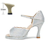 All Diamond Shining Latin Dance Shoes Women's Party Dancing Sandals Summer High Heel Jazz Tango Waterproof MartLion Silver heel 5.5cm 45 