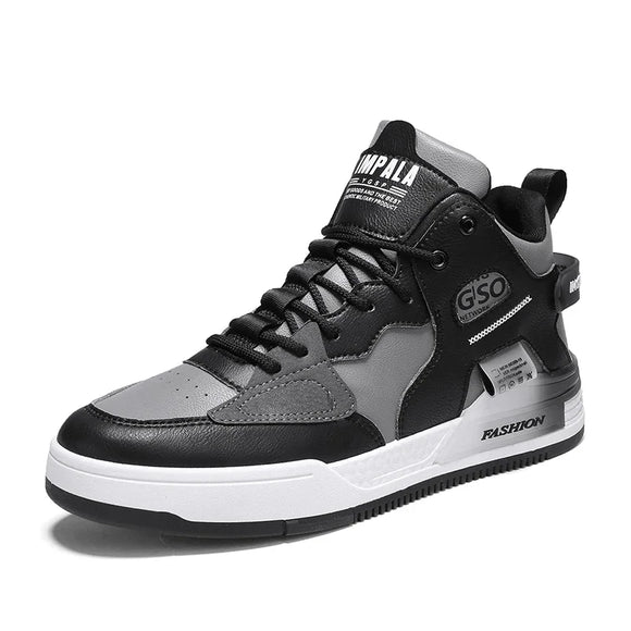 Men's Vulcanize Shoes Slip-On Black Pu Leather Sneakers Casual Microfiber Platform Outdoor Running Sport Design Luxu MartLion Black Gray 39 