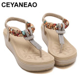 Platform Sandals For Women Bohemia Beach Rhinestone T-Strap Shoes MartLion   