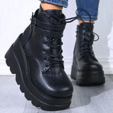 Design Women High Heels Punk Gothic Female Motorcycle Boots Platform Women Boots Wedges Ankle Boots MartLion Black 35