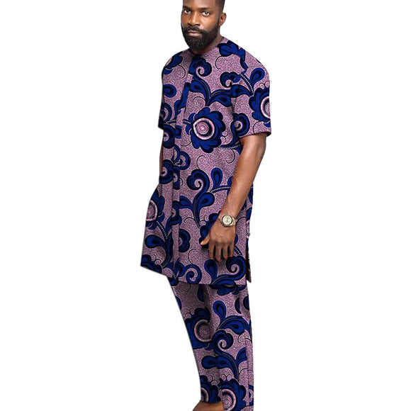 Print Men's Set Long Placket Tops+Elastic Waist Trousers Nigerian Short Sleeves Groom Suit For Wedding Party MartLion 3 S 