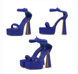 Liyke 14.5CM Strange High Heels Chunky Sandals Ladies Platform Square Toe Ankle-Wrap Zip Stripper Shoes Women Blue Mart Lion   