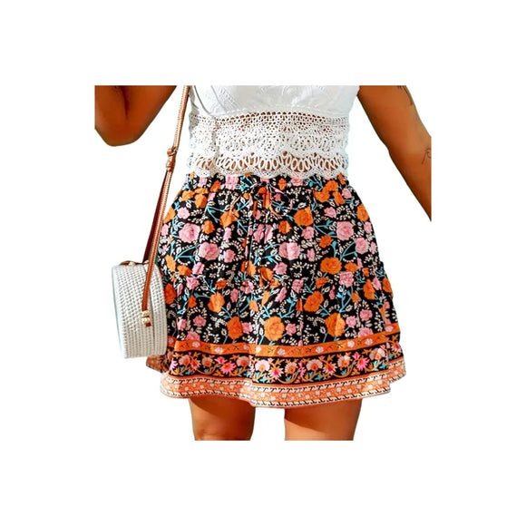 Summer positioning print black floral A-line mini skirt women MartLion   