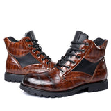 Men's Boots Autumn Spring Leather Round Toe Vintage Crocodile Pattern Shoes Leisure High Top Mart Lion   