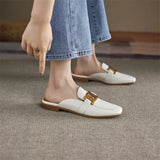 Spring Summer Women Shoes Square Toe Pumps Solid Cow Leather Low Heel Mules Metal Button Slipper Mules MartLion   