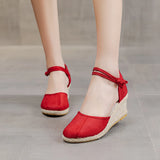 Patchwork Women Linen Cotton 6cm High Wedge Espadrilles Sandals Summer Elegant Ladies Ankle Strap Closed Toe Hemp Shoes MartLion Red 9 