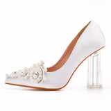 9cm Crystal Transparent Square Heel Beaded Pointed Single Shoes Women's Thick High Heels MartLion   