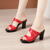 8cm Cutout Mesh Block High Heels Slides Summer Shoes Soft Leather Slippers Platform for Office Work Mom MartLion   