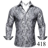 Barry Wang Exquisite Blue Silk Paisley Men's Shirt Four Seasons Lapel Long Sleeve Embroidered Leisure Fit Party Wedding MartLion   