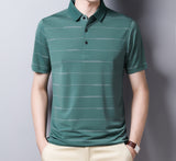 Summer Oversized T Shirt Men's Short Sleeved Striped Breathable Anti-wrinkle Turn-down Collar Clothing Mart Lion green  t shirt M 50-60 KG 