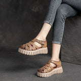 Summer Top Layer Cowhide Platform Closed Toe Roman Sandals Handmade Genuine Leather Casual Retro Buckle MartLion   