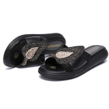 4cm Synthetic Rhinestone Bling Genuine Leather Breathable Summer Chunky Slippers High Platform Wedge Casual Shoes MartLion Black 37 