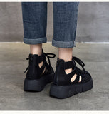 Cow Leather Round Toe Hollowed Out Sandals Women Summer Retro Roman Shoes Designer Platform Boots Ladies Mart Lion   