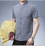 Men's Short-sleeved Seasonal Shirt with Stand Collar Linen Casual Daily Large Pocket Stand Collar Half Sleeve Shirt MartLion   