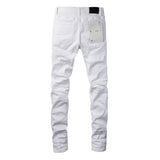 White Summer's Streetwear Distressed Skinny Button Fly Blank Ripped Jeans Pants MartLion   