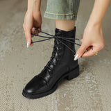 Winter Retro Women Boots Lace Up Chelsea Round Toe Shoes Short Genuine Leather Western MartLion   