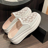 Krazing Pot Air Mesh Round Toe Thick Bottom Platform Slip on Mules Embroidery Soft Outside Slippers L50 MartLion   